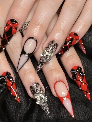 Y2K Gothic Rhinestone Bow Fake Nails