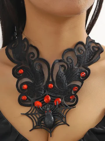 Women Exaggerated Gothic Black Lace Spider Neck Chain
