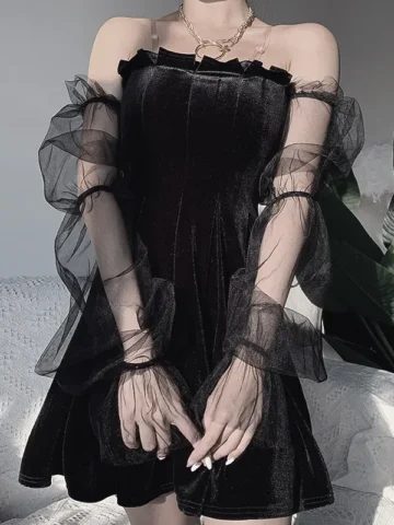 Women Diablo Gothic Mesh Pleated Off Shoulder Dress