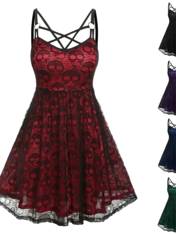 Women Fashion Gothic Lace Skull Stitching Sling Dress