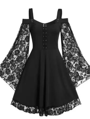 Gothic Plus Size Women Vintage Fashion Lace Stitching Dress