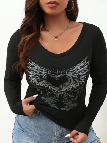 Women Gothic Plus Size Vintage Punk Print Long Sleeve T-Shirt