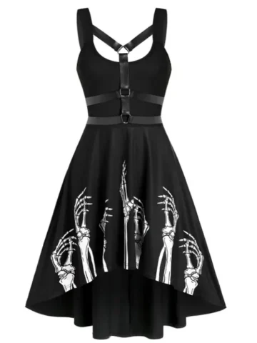 Women Vintage Gothic Skeleton Hand Print Black Dress