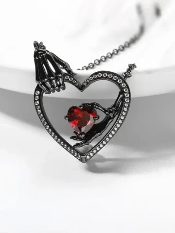 Women Vintage Gothic Hands Red Heart Rhinestones Pendant Necklace