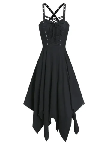 Women Retro Punk Gothic Cross Strap Irregular Dress