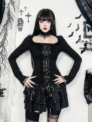 Women Fashion Sexy Gothic Lace Splice Lace-Up Long-Sleeve Necklace T-Shirt