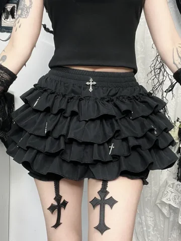 Women Fashion Sexy Gothic Cross Pendant Pleated Culottes