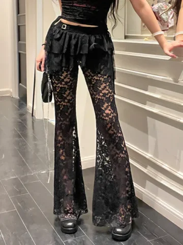 Women Fashion Sexy Irregular Gothic Lace Hollow-Out Skirt Patchwork Pants