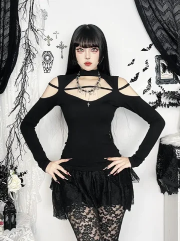 Women Fashion Sexy Gothic Hollow-Out Long-Sleeve T-Shirt
