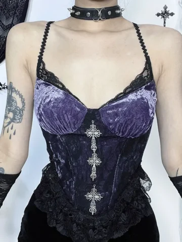 Women Sexy Elegant Gothic Lace Splice Cross Pendant Camisole Top