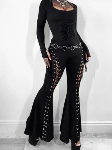 Women Fashion Sexy Gothic Hollow-Out Lace-Up Flared Pants