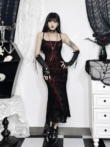 Women Sexy Retro Gothic Lace Splice Cross Flocking Camisole Dress