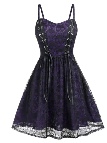 Women Fashion Retro Gothic Lace Splice Skull Print Lace-Up Camisole Dress