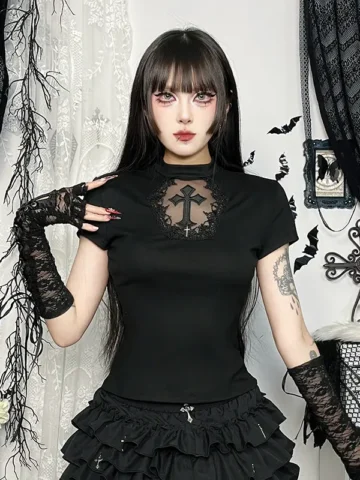 Women Fashion Sexy Gothic Cross Lace Splice Short Sleeve T-Shirt