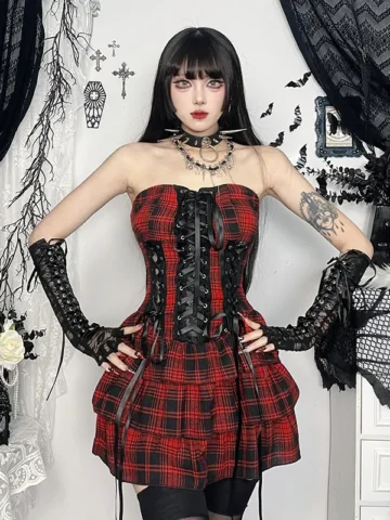 Women Fashion Sexy Gothic Plaid Splice Lace-Up Pleated Tube Dress