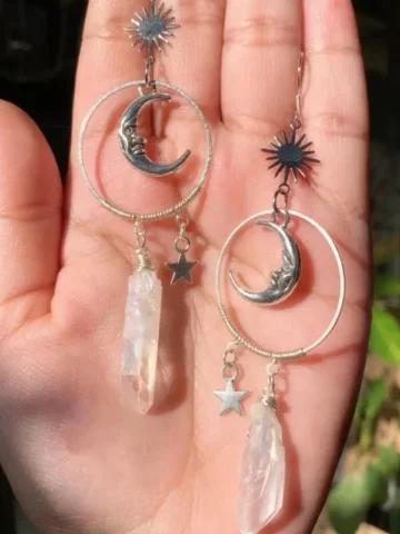 Women'S Gothic Silver Star Crescent Irregular Natural White Crystal Pendant Earrings