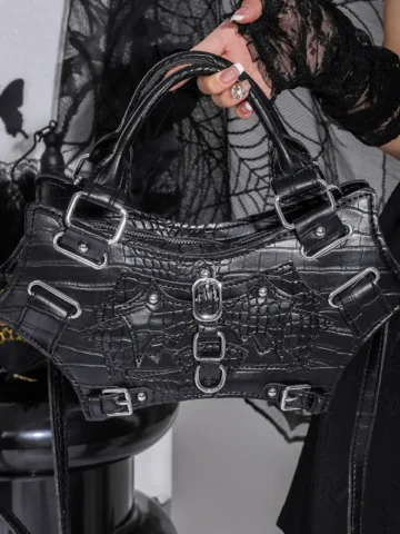 Women Fashion Gothic Bat Wing Studded Handle Crossbody Bag