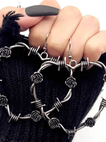 Women Fashion Gothic Thorny Rose Hollow Heart Dangle Earrings
