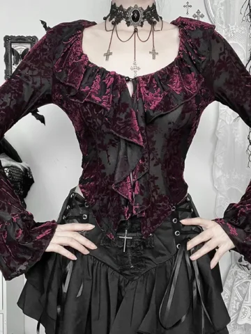 Summer Women Vintage Gothic V-Neck Floral Print Long Sleeve Top