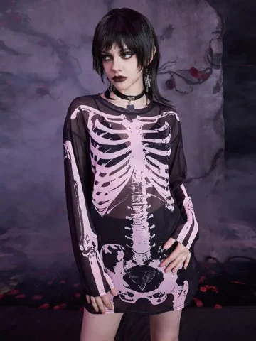 Women Retro Gothic Perspective Mesh Skull Print Long-Sleeved T-Shirt