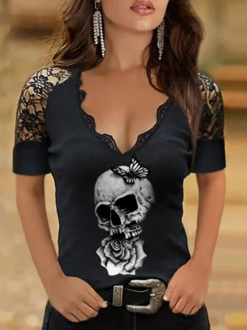 Women Fashion Sexy Gothic V-Neck Lace Skull Print Short Sleeve T-Shirt