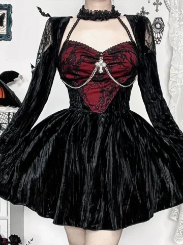 Women Simple Sexy Dark Gothic Red Lace Stitching Velvet Dress
