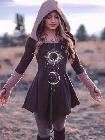 Women Vintage Gothic Sun Moon Print Hooded Long Sleeve Dress