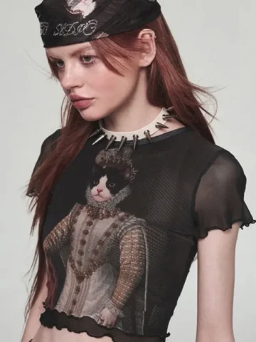 Women Vintage Dark Gothic Cat Mesh Print Crop Top
