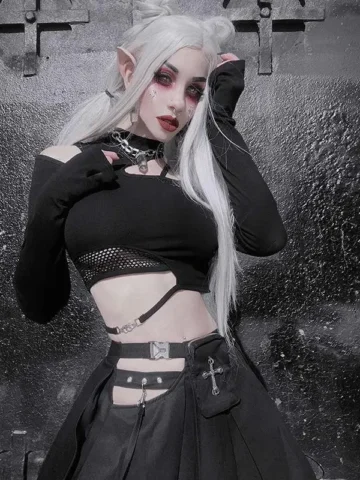 Women Fashion Dark Gothic Asymmetric Mesh Stitching Long Sleeve Crop Top