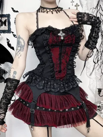 Women Fashion Sexy Gothic Lace Tassel Halter Neck Camisole