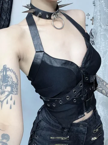 Women Fashion Punk Gothic Studded Halter Neck Zipper Camisole