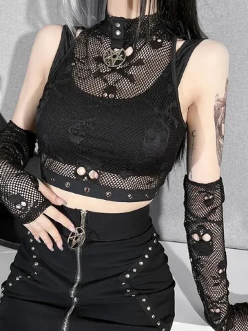Women Fashion Sexy Diablo Gothic Skull Lace Tank Top Set