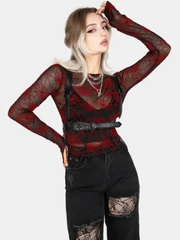 Women Fashion Sexy Gothic Red Spider Web Print Long Sleeve Top