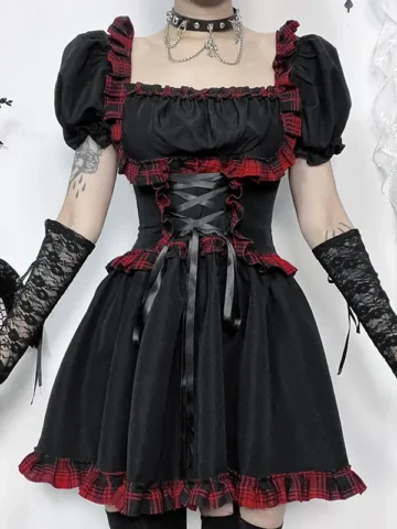 Women Diablo Punk Gothic Plaid Lace Strap Square Collar Short Sleeve Dress