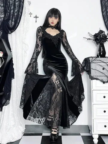 Women Dark Punk Gothic Lace See-Through Long Sleeve Slim Fit Dress