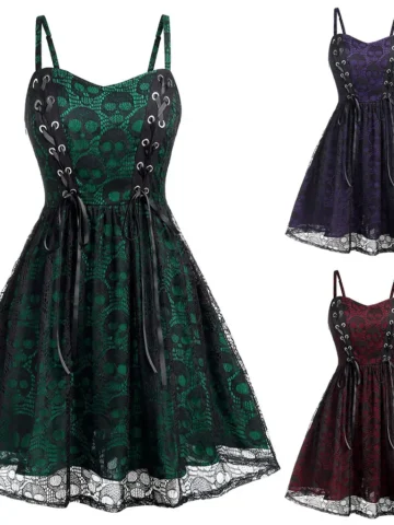Women Vintage Gothic Lace Skull Print Strap Sling Dress