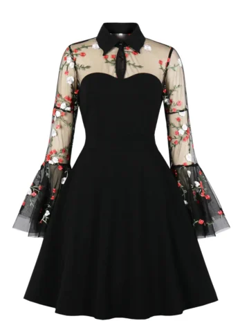 Women Fashion Gothic Mesh Embroidered Horn Sleeve Stitching Vintage Dress