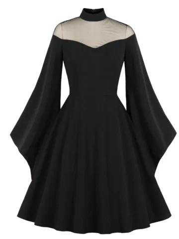 Women Vintage Gothic Mesh Horn Sleeve Stitching Dress
