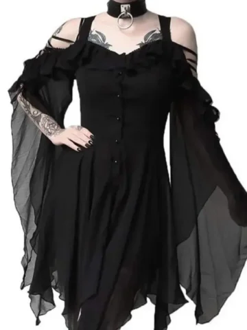 Women Fashion Sexy Gothic Mesh Horn Sleeve Strap Shoulder Dress