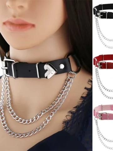 Women Punk Gothic Heart Chain PU Necklace
