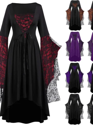 Women Fashion Gothic Deep V Lace Strap Long Sleeve Irregular Skirt Dress