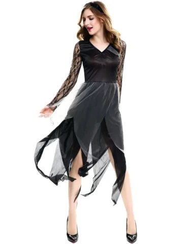 Women Fashion Punk Gothic Lace Stitching V-Neck Long Sleeve Irregular Dress