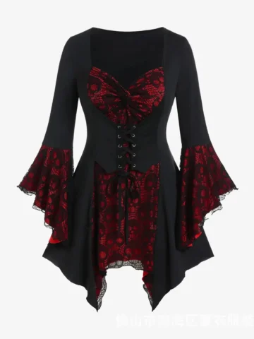 Women Fashion Gothic Lace Strap Horn Sleeve Irregular Dress