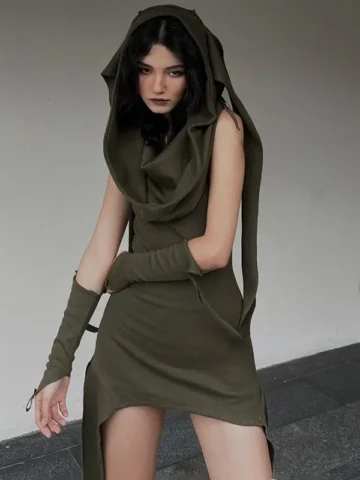 Women Fashion Gothic Irregular Ribbon Stitching Sleeve Hooded Dress
