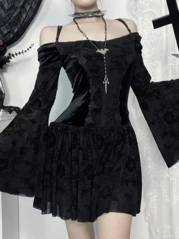 Women Diablo Gothic Off Shoulder Flare Sleeve Flocking Dress