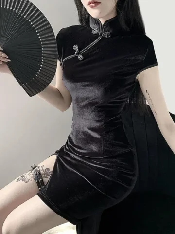 Women Vintage Gothic Split Mini Cheongsam Dress