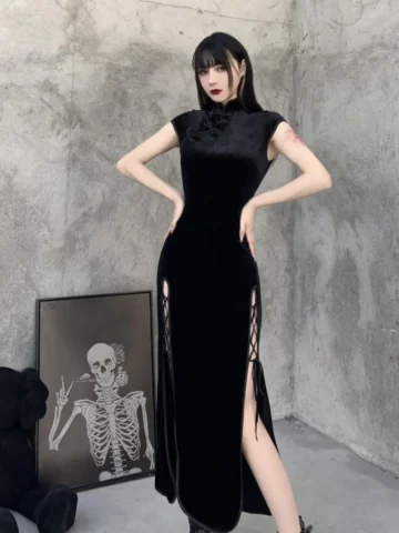 Women Vintage Gothic Slim-Fit Sleeveless Split Cheongsam Dress