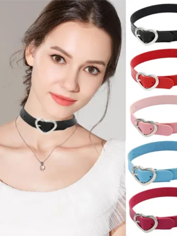 Women Unique Punk Gothic Heart Love Buckle Collar Pu Leather Necklace