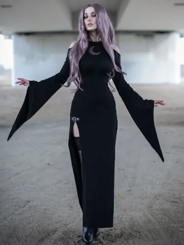 Gothic Women Temperament Horn Sleeve Side Split Maxi Dress
