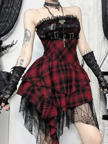 Women Gothic Plaid-Print Lace Stitching Strapless Dress